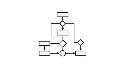 A simple flowchart diagram illustrates a logical sequence of steps or decisions, featuring boxes, circles, and diamonds connected by lines.