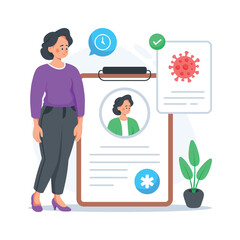 Illustration of doctor checking patient�s medical test report and health summary