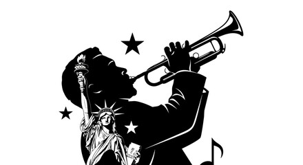 Silhouette of Trumpet Player with Statue of Liberty in Black and White Illustration © punduh