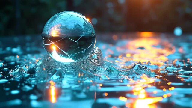 Crystal Sphere Resting On Rippling Water With Golden Sunset Reflections And Blurry Greenery Background Detailed Macro Shot