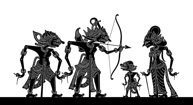 Intricate Javanese Wayang Kulit Shadow Puppets Depicting an Epic Tale and Cultural Heritage
