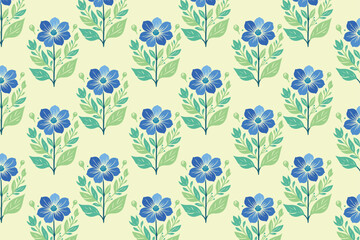 Vibrant Blue Floral Pattern With Green Leaves on Pale Yellow Background, Colorful Botanical Design for Wallpaper, Textile Fabric, Home Decor, and Seamless Decorative Backgrounds