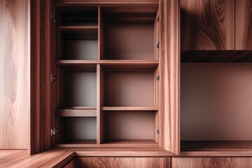 Wooden cabinet interior with multiple compartments and shelves, showcasing rich textures and warm tones, ideal for storage solutions and interior design inspiration