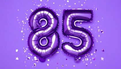 Purple balloon number 85 with confetti on solid colored background. Photo for anniversary or birthday party