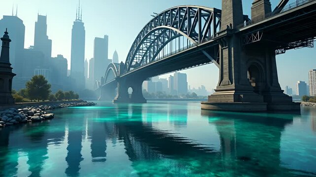 Grand Arch Bridge Spans Emerald River Reflecting Distant City Skyline Under Bright Daytime Sky