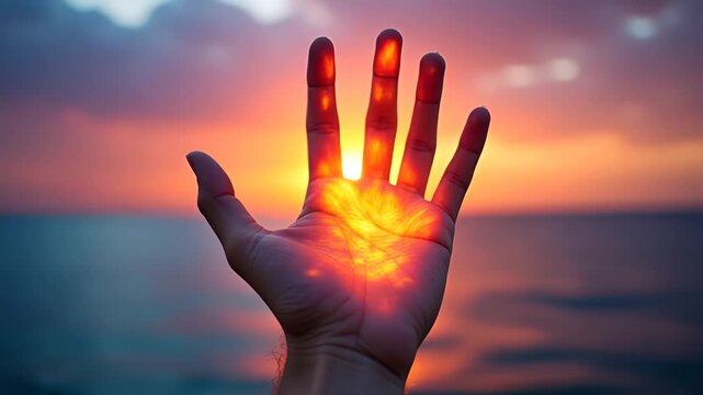 Close Up Of A Hand Reaching Towards The Sun During A Vibrant Sunset Over The Ocean With Warm Orange And Pink Hues And Gentle Waves