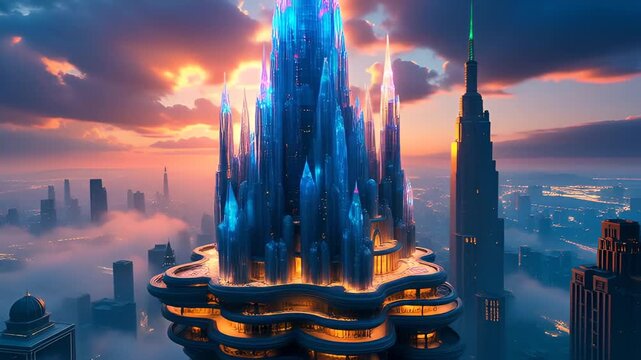 Futuristic Crystal Skyscraper Cityscape at Golden Hour Sunset with Glowing Lights and Clouds