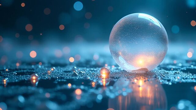 Abstract Crystal Ball Sphere With Orange Light Particles Floating In Dark Blue Water With Reflective Surface And Soft Bokeh Lights