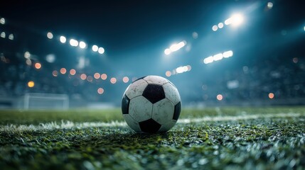 A High Resolution image of soccer ball sits on the grass of a stadium at night.