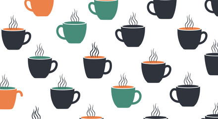 A seamless pattern of steaming coffee cups in various colors and designs on a white background.