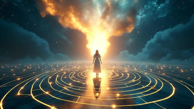 Mystical Woman Standing Within Golden Cosmic Energy Circle Under Starry Night Sky with Fiery Cloud Explosion Above
