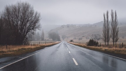 Fototapeta premium A High Resolution image of wet, empty road stretches into a misty, overcast landscape.