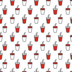 Red and White Fast Food Soda Drink Cup and Straws Pattern. Perfect for fast food design, beverage packaging, soda themes, cafe decoration, textile prints, wrapping paper, and fun restaurant branding.