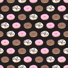 Seamless Donut Pattern with Cream Frosting and Colorful Glazes. Perfect for dessert packaging, cafe themes, and sweet food design.