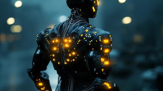 Futuristic humanoid robot in black cybernetic glowing yellow details, cables, standing outdoor high-tech laboratory, artificial intelligence, innovation, cybernetics, advanced robotics, technology.