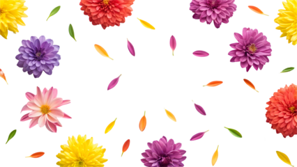 Bright chrysanthemum in various colors surround falling petals
