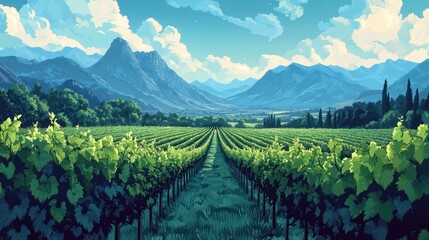 Naklejka premium Vineyard landscape, mountains, clouds, sunny day, idyllic scene, peaceful, background, stock photo