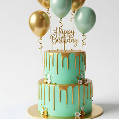 Chic three-tiered birthday cake in mint green and gold. Decorated with gold leaf accents and decorative balls. Conveys a fresh, festive, and modern style. Ideal for celebrations, birthdays, stylish pa