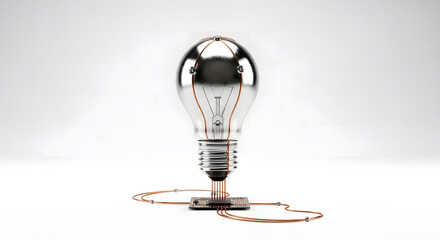 Metal lightbulb icon connected to small circuit board symbolizing innovation and startup technology