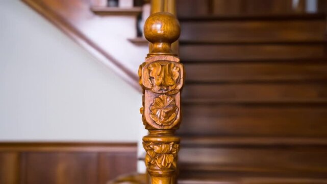Close-up of intricately carved, varnished wooden balusters on staircase