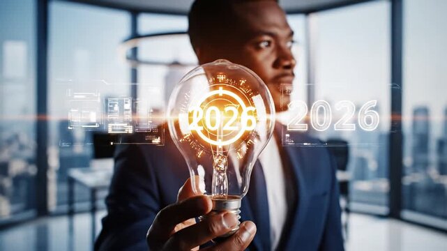 43_Businessman holding light bulb with target and number 2026 symbolizing innovative ideas business goal future vision new year planning creativity and strategic thinking for success_4K_10s 61375938 1