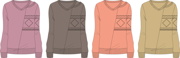 Four Stylish V-Neck Sweaters A Fashion Illustration Featuring Diverse Color Options and Pocket Details