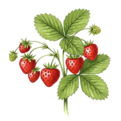 Fresh Ripe Strawberry Plant Illustration on White. Botanical Berry Bush with Green Leaves. Sweet Garden Fruit Concept.
