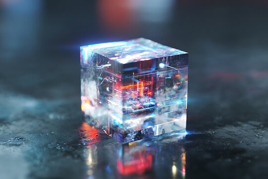 A translucent cube with internal circuitry and glowing elements on a reflective surface