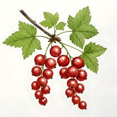 Red Currant Berries on Branch with Green Leaves - Fresh Healthy Fruit Illustration