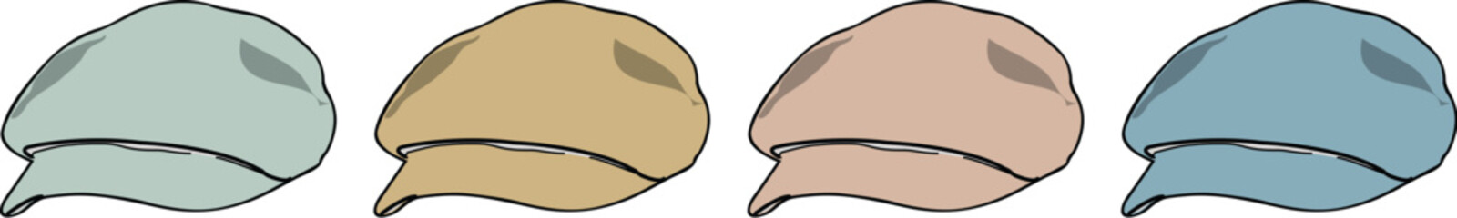An assortment of stylish flat caps in a soft color palette. Vector graphic set of traditional headwear for fashion and apparel design concepts
