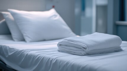 A High Resolution image of clean hospital bed with white sheets and pillows, ready for patient.