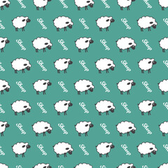 Green Pasture Pattern with Grazing and Standing Sheep. Perfect for farm theme designs, children fabric, packaging, and countryside illustrations.