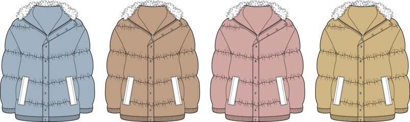 Set of colorful winter puffer jackets with fur hoods. Fashion technical flat sketch vector illustration template for clothing design