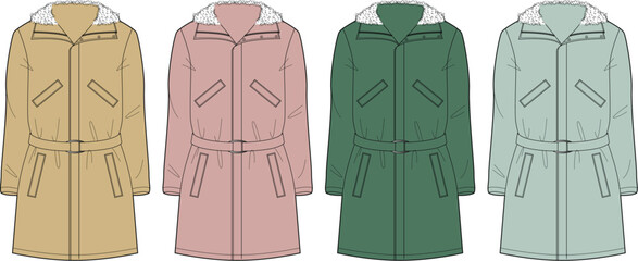 Fashionable Winter Coat Variations with Belt and Hood in Pastel Colors