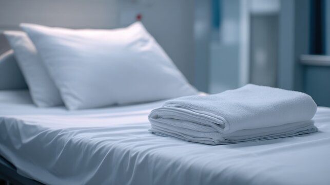 A High Resolution image of clean hospital bed with white sheets and pillows, ready for patient.