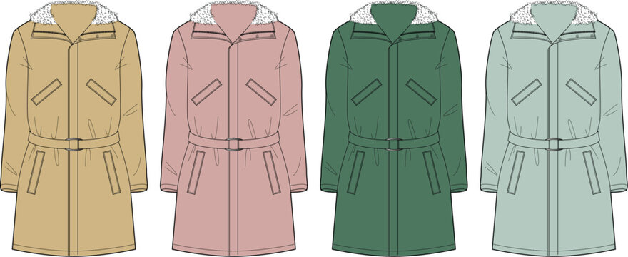 Fashionable Winter Coat Variations with Belt and Hood in Pastel Colors