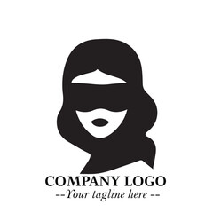 Elegant Woman Wearing Mask Logo Symbol in Black on White Background with Minimalist Modern Design