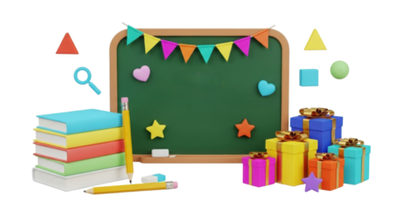 School supplies and gifts arrangement on chalkboard for education marketing and celebrations isolated PNG with Transparent Background