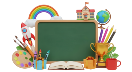 Back to school banner concept with blank green chalkboard and learning supplies border isolated PNG with Transparent Background