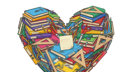 Heart Shape Made of Colorful School Supplies and Books isolated PNG with Transparent Background