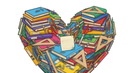 Colorful illustration of school supplies forming a heart shape symbolizing education and learning isolated PNG with Transparent Background