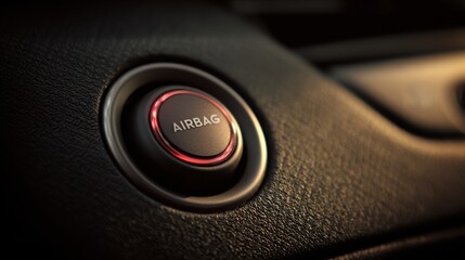 A High Resolution image of closeup of a glowing red airbag warning light on a car dashboard.