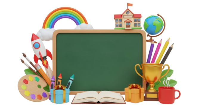 Back to school banner concept with blank green chalkboard and learning supplies border isolated PNG with Transparent Background