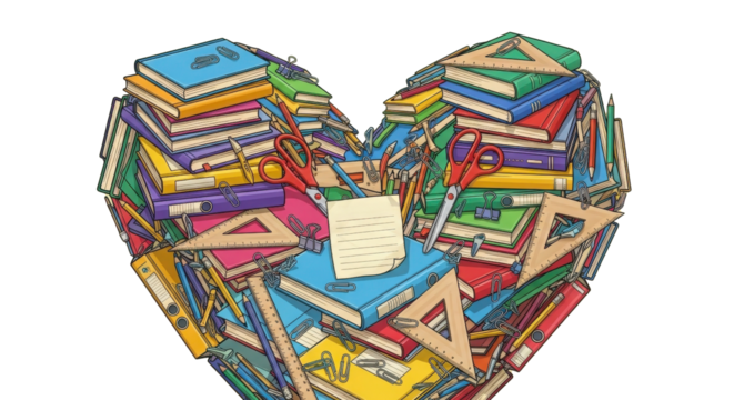 Colorful illustration of school supplies forming a heart shape symbolizing education and learning isolated PNG with Transparent Background