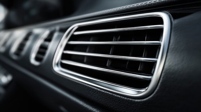 A High Resolution image of closeup of a modern car air conditioning vent with chrome trim.