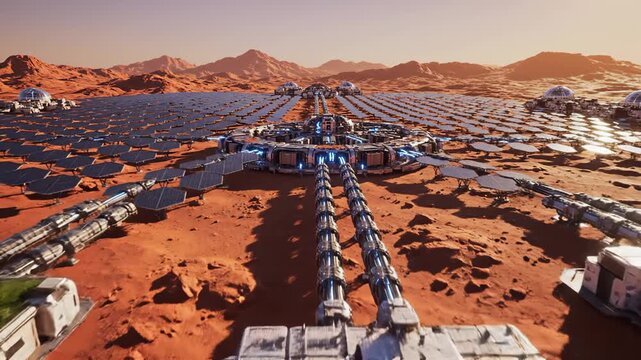 Mars colony features futuristic architecture with solar panels and sustainable living spaces. Rugged red landscape serves as backdrop. Concept of space exploration, renewable energy, and technology