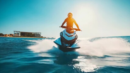 Man riding powerful jet ski over sparkling ocean waves with sunlight reflections, symbolizing summer fun, water sports, adventure, freedom, recreation, speed, vacation and outdoor marine activity.