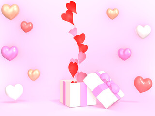 プレゼントボックスからハートが飛び出すバレンタイン3DCG風景