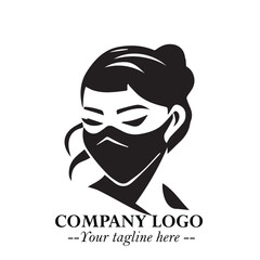 Elegant Woman Wearing Mask Logo Symbol in Black on White Background with Minimalist Modern Design