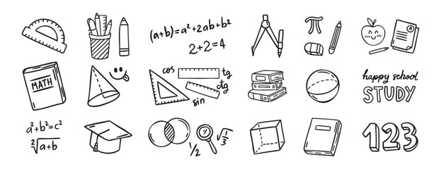 Math elements set, formulas and geometry, cute study kit, line art outline contour, monochrome, hand drawn